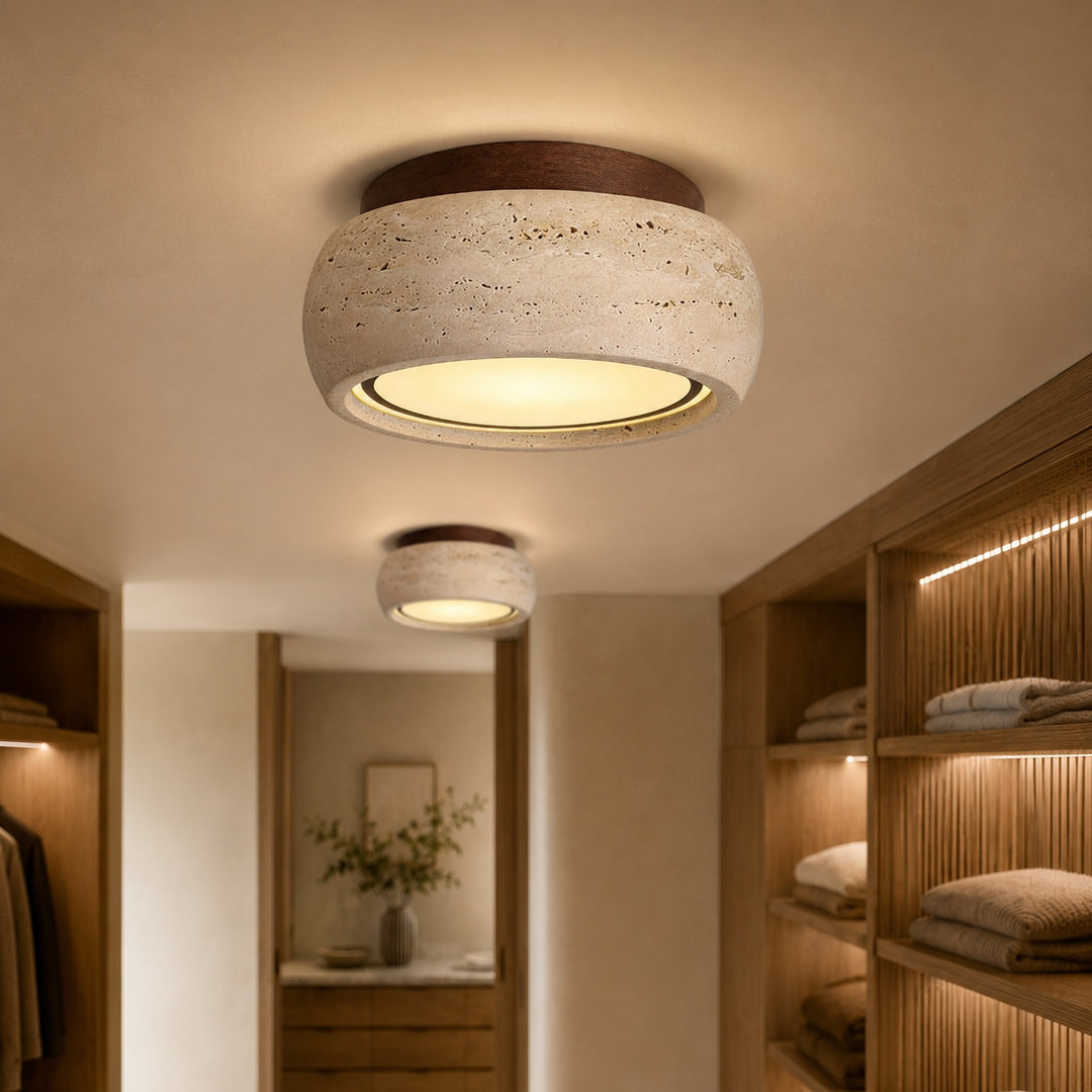 Modern Flush Mount Ceiling Light LED with Yellow Travertine and Wood Accents Dimmable 3-Color