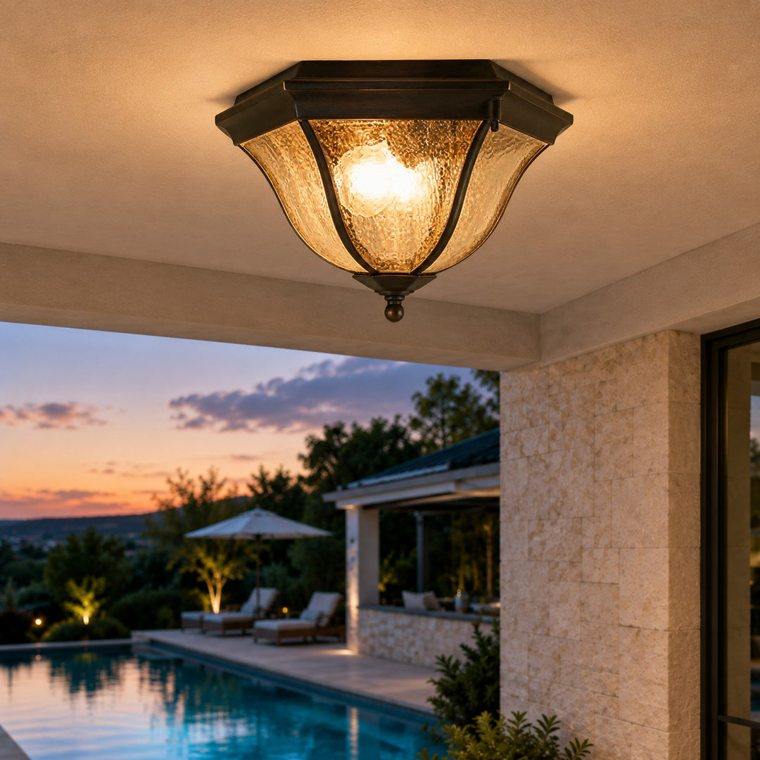Modern Black Outdoor Ceiling Light Flush Mount Aluminum Glass LED IP54 E27 Socket