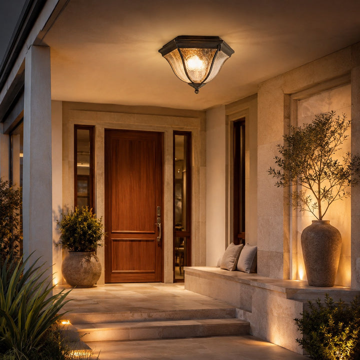 Modern Black Outdoor Ceiling Light Flush Mount Aluminum Glass LED IP54 E27 Socket
