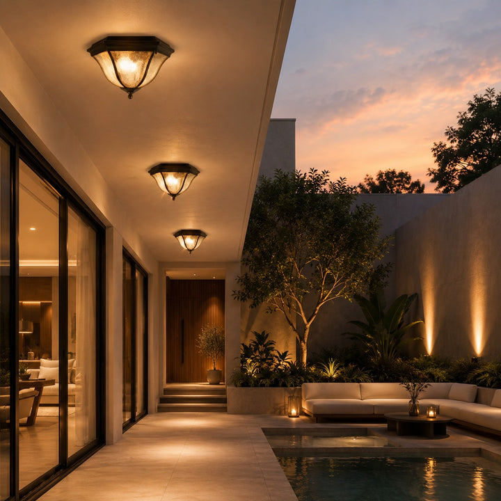 Modern Black Outdoor Ceiling Light Flush Mount Aluminum Glass LED IP54 E27 Socket