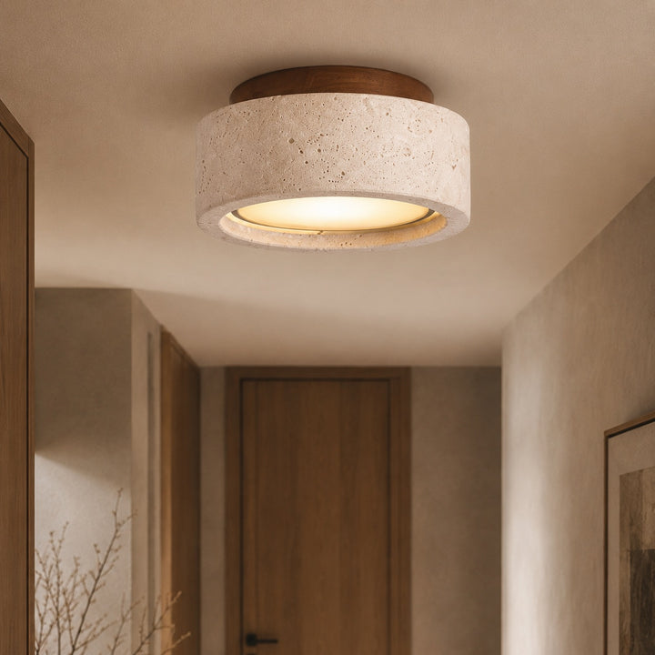 Modern Flush Mount Ceiling Light LED with Yellow Travertine and Wood Accents Dimmable 3-Color