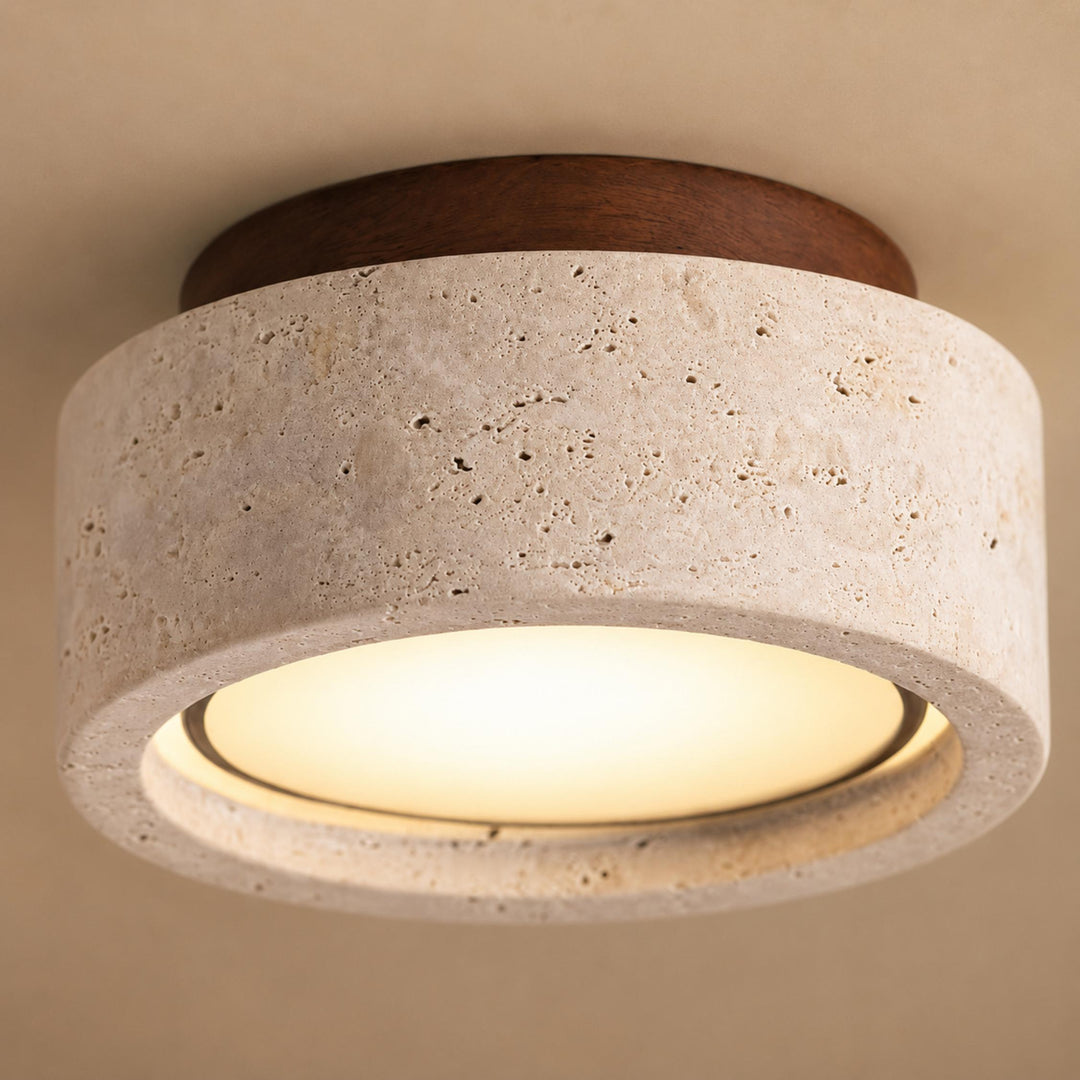 Modern Flush Mount Ceiling Light LED with Yellow Travertine and Wood Accents Dimmable 3-Color