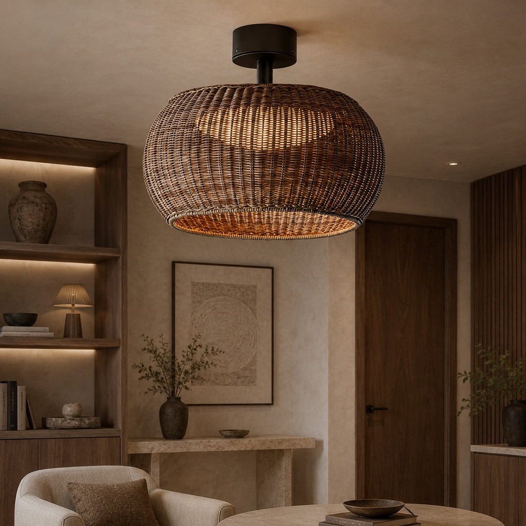 Modern Flush Mount Ceiling Light Rattan Design IP55 Waterproof LED E27 Socket