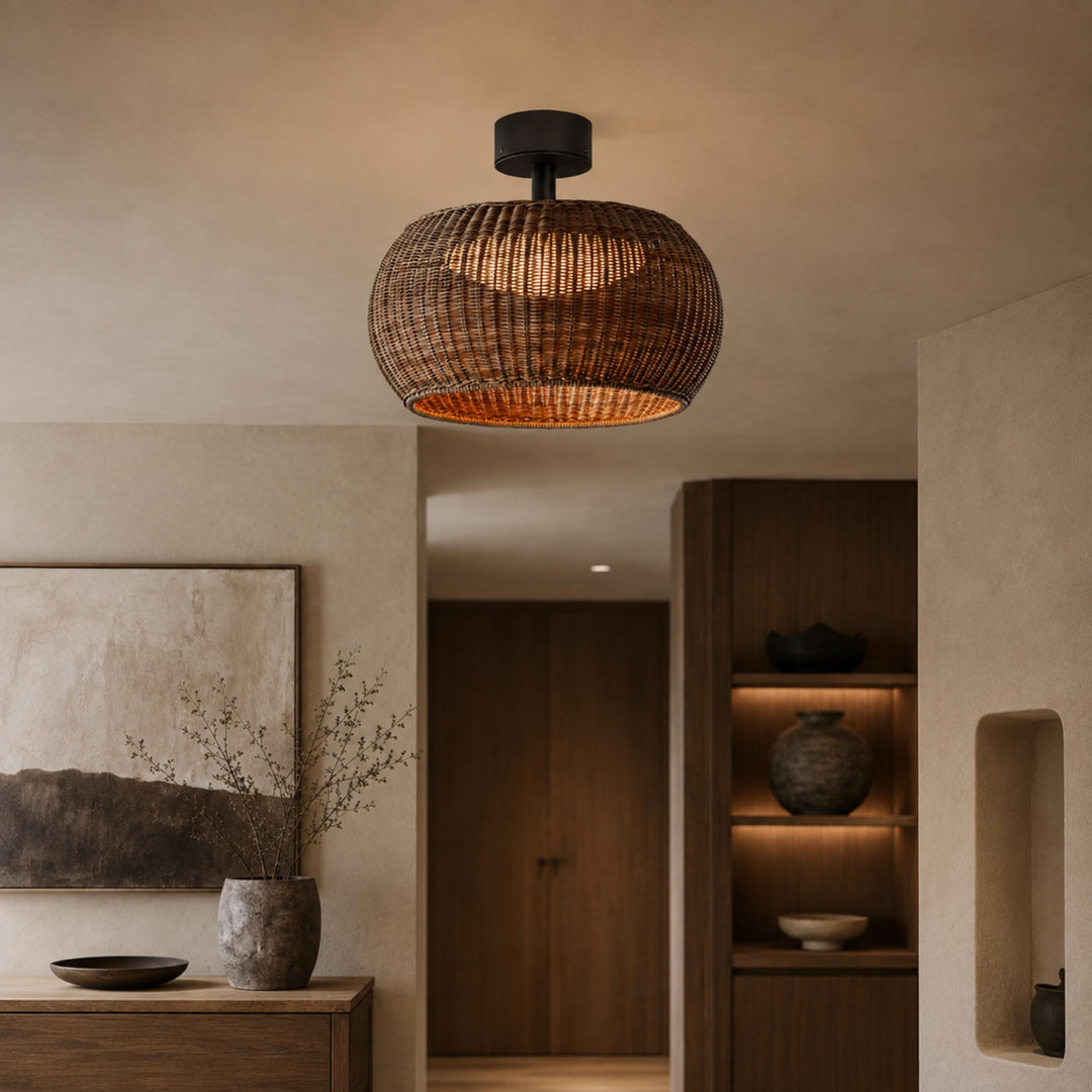 Modern Flush Mount Ceiling Light Rattan Design IP55 Waterproof LED E27 Socket