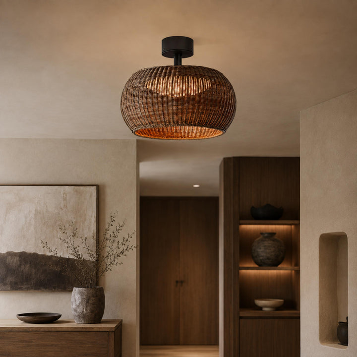 Modern Flush Mount Ceiling Light Rattan Design IP55 Waterproof LED E27 Socket