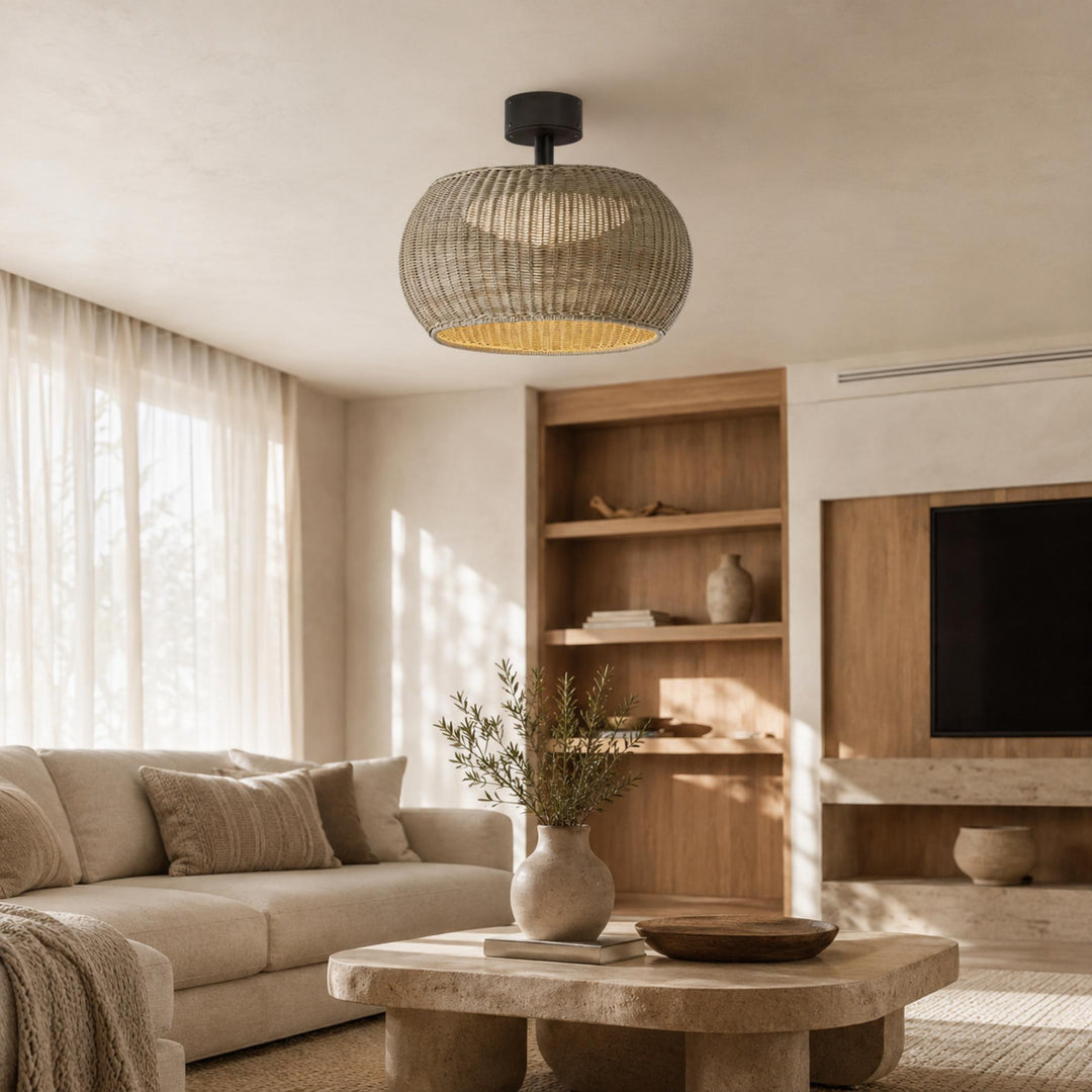 Modern Flush Mount Ceiling Light Rattan Design IP55 Waterproof LED E27 Socket