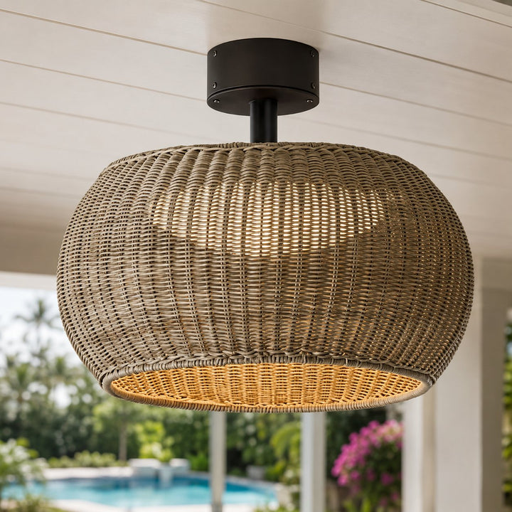 Modern Flush Mount Ceiling Light Rattan Design IP55 Waterproof LED E27 Socket