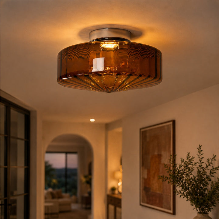 Modern Flush Mount Ceiling Light Chrome Corrugated Glass LED Adjustable Fixture