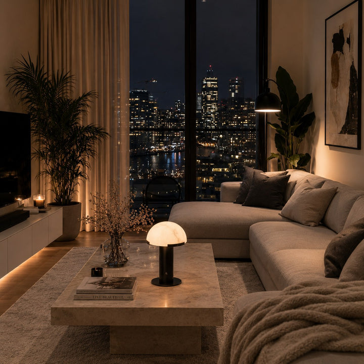 Modern Table Lamp with Alabaster Shade and Bronze Base LED Compatible for Bedroom or Desk Use