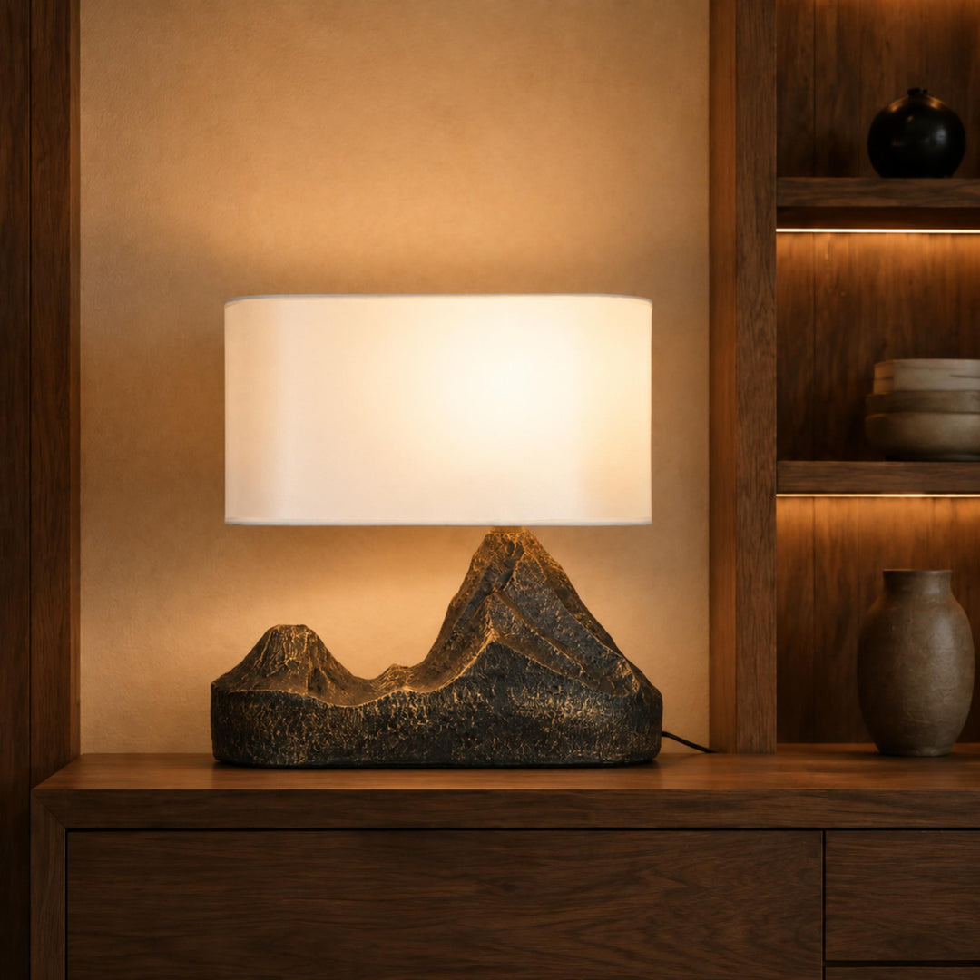 Modern Table Lamp with Bronze Finish Resin Base and White Fabric Shade LED Compatible