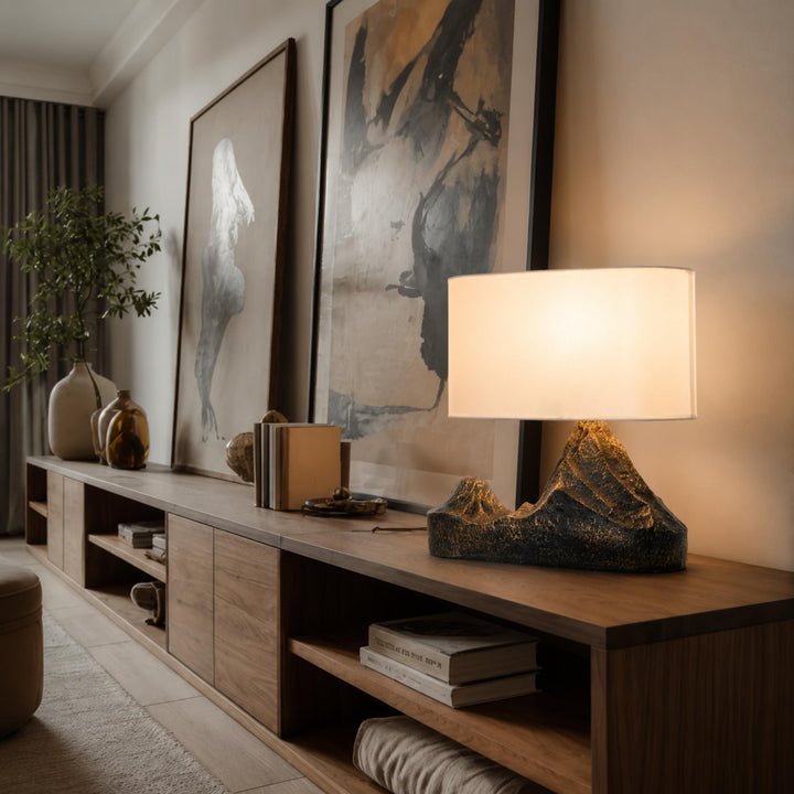 Modern Table Lamp with Bronze Finish Resin Base and White Fabric Shade LED Compatible