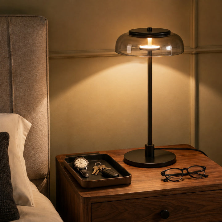 Modern Table Lamp with Adjustable Shade and Warm Brass Base for LED Lighting