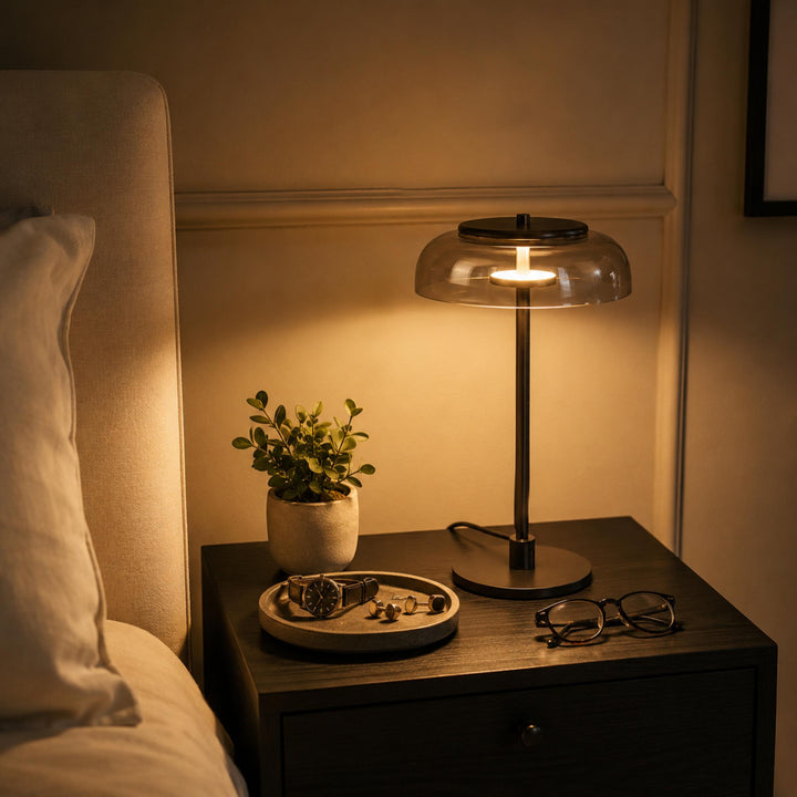 Modern Table Lamp with Adjustable Shade and Warm Brass Base for LED Lighting