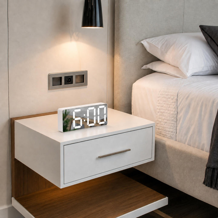 Modern Digital Alarm Clock with Curved Mirror Screen LED Display Adjustable Temperature Feature
