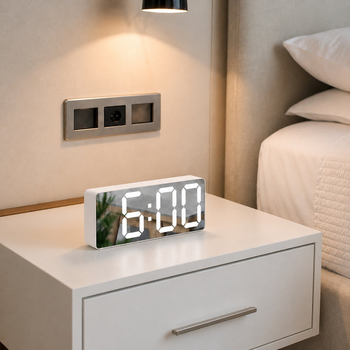 Modern Digital Alarm Clock with Curved Mirror Screen LED Display Adjustable Temperature Feature
