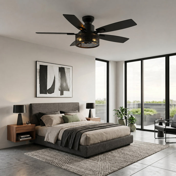 Modern Black Ceiling Fan 46 Inch Flush Mount with LED Lights Remote Control and Whisper-Quiet Motor