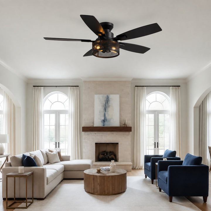 Modern Black Ceiling Fan 46 Inch Flush Mount with LED Lights Remote Control and Whisper-Quiet Motor