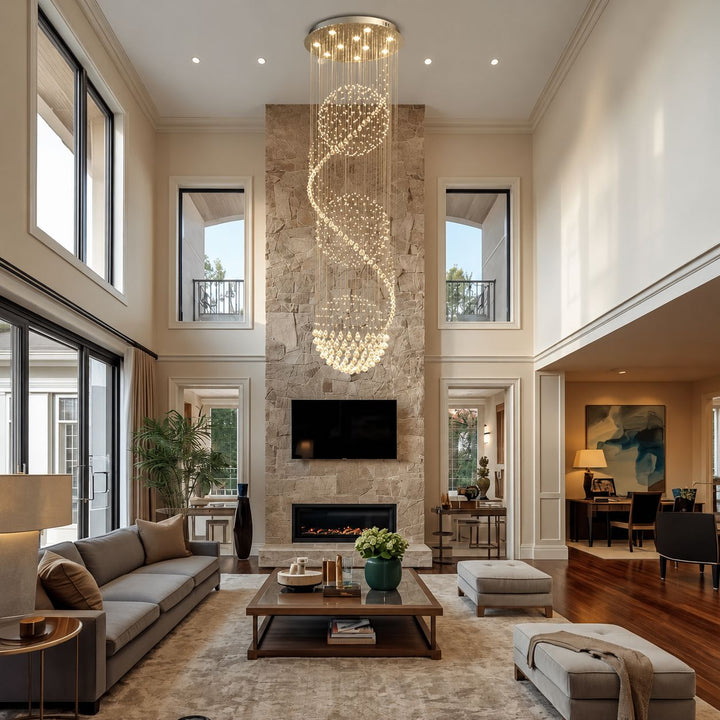 Modern Spiral Chandelier Three Sphere Design Adjustable K9 Crystal Hanging Light Fixture