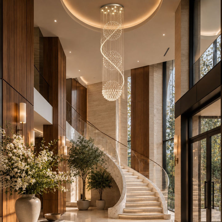 Modern Spiral Chandelier Three Sphere Design Adjustable K9 Crystal Hanging Light Fixture
