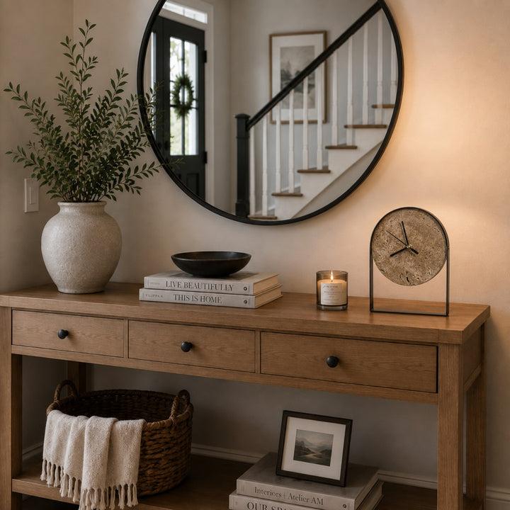 Modern Desk Clock with Curved Metal Frame and Stone Dial for Stylish Timekeeping