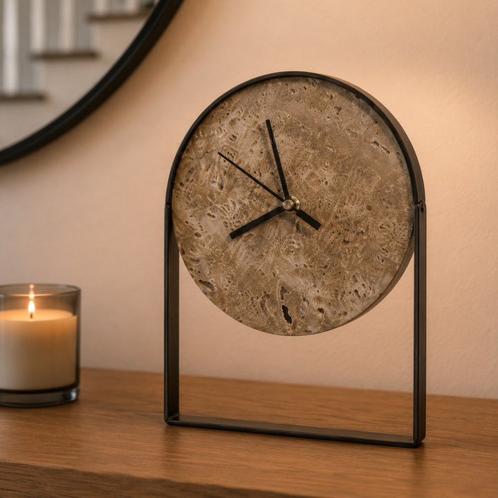 Modern Desk Clock with Curved Metal Frame and Stone Dial for Stylish Timekeeping