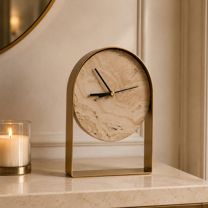 Modern Desk Clock with Curved Metal Frame and Stone Dial for Stylish Timekeeping