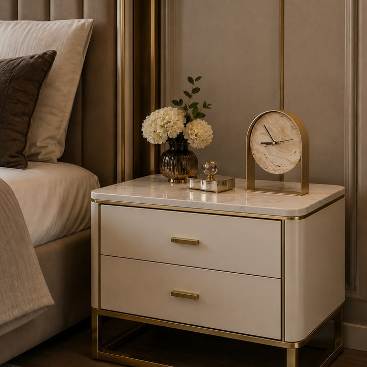 Modern Desk Clock with Curved Metal Frame and Stone Dial for Stylish Timekeeping