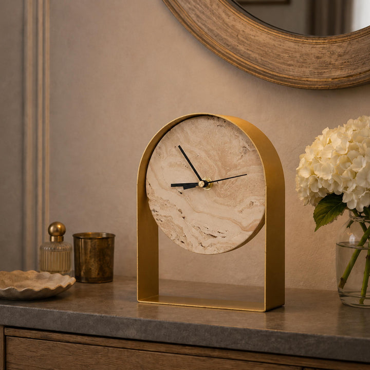 Modern Desk Clock with Curved Metal Frame and Stone Dial for Stylish Timekeeping