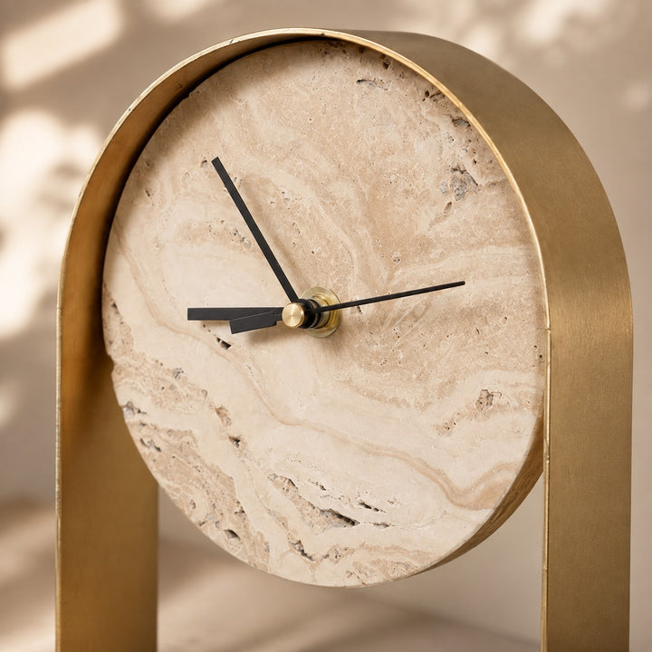 Modern Desk Clock with Curved Metal Frame and Stone Dial for Stylish Timekeeping