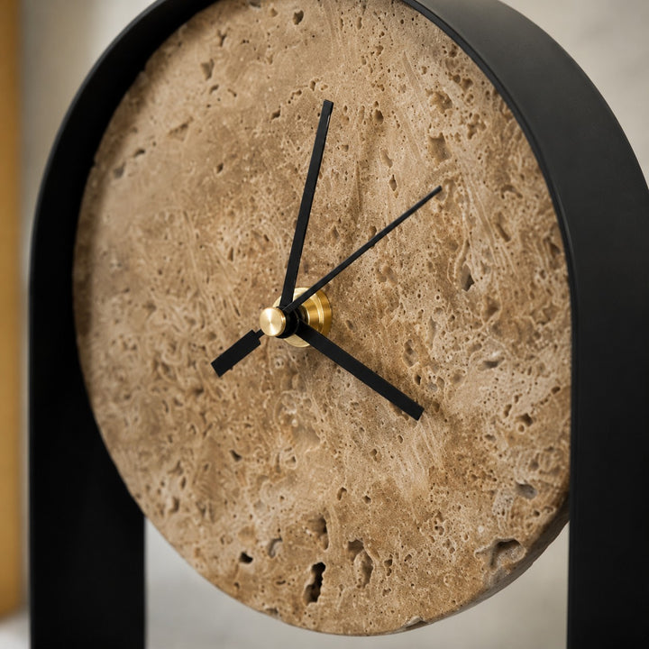 Modern Desk Clock with Curved Metal Frame and Stone Dial for Stylish Timekeeping
