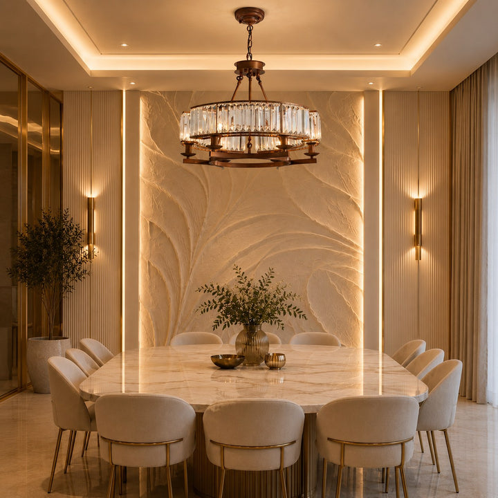 Modern Crystal Chandelier Round Design Adjustable Metal 6 Light Fixture for Dining Room