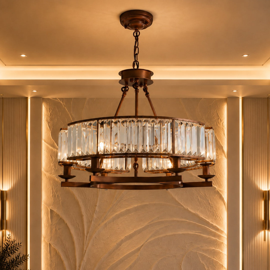 Modern Crystal Chandelier Round Design Adjustable Metal 6 Light Fixture for Dining Room