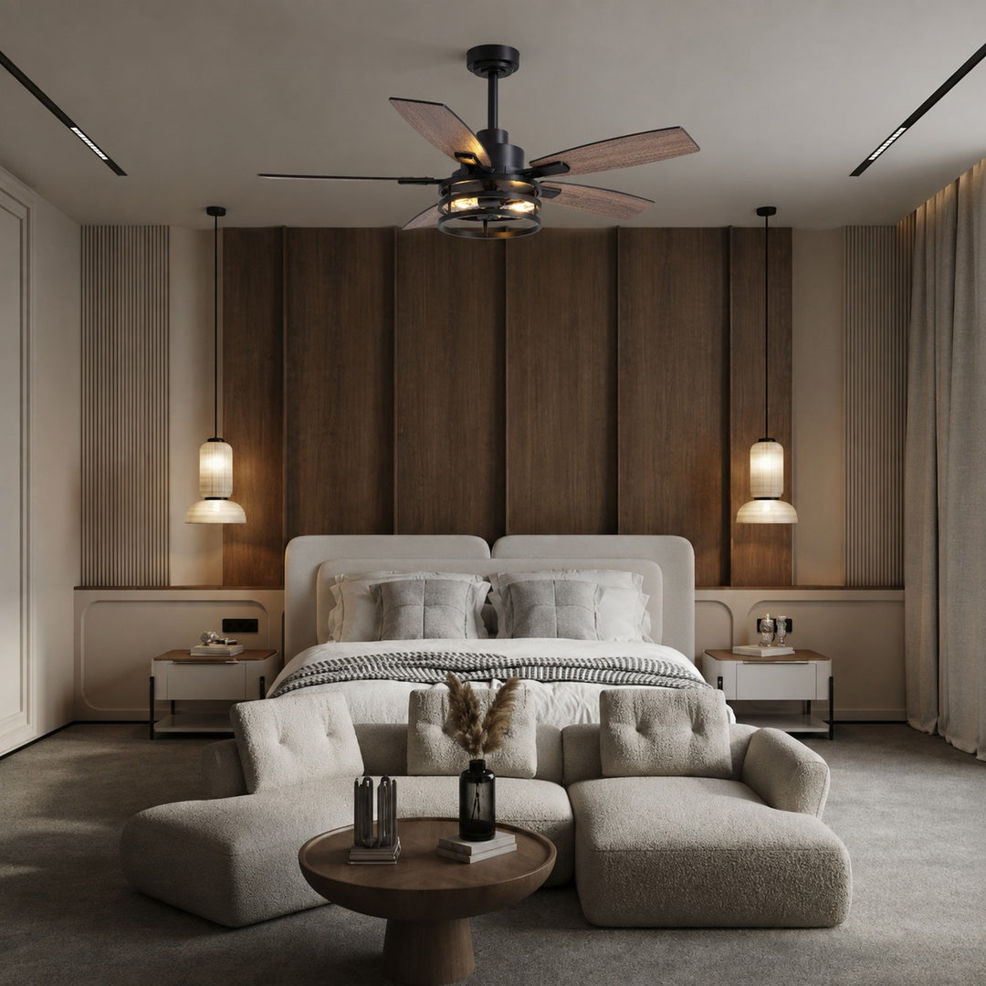 Modern Black Ceiling Fan with Remote Control Adjustable Height Wood Blades and LED Lights