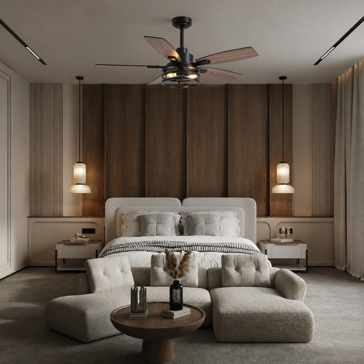 Modern Black Ceiling Fan with Remote Control Adjustable Height Wood Blades and LED Lights