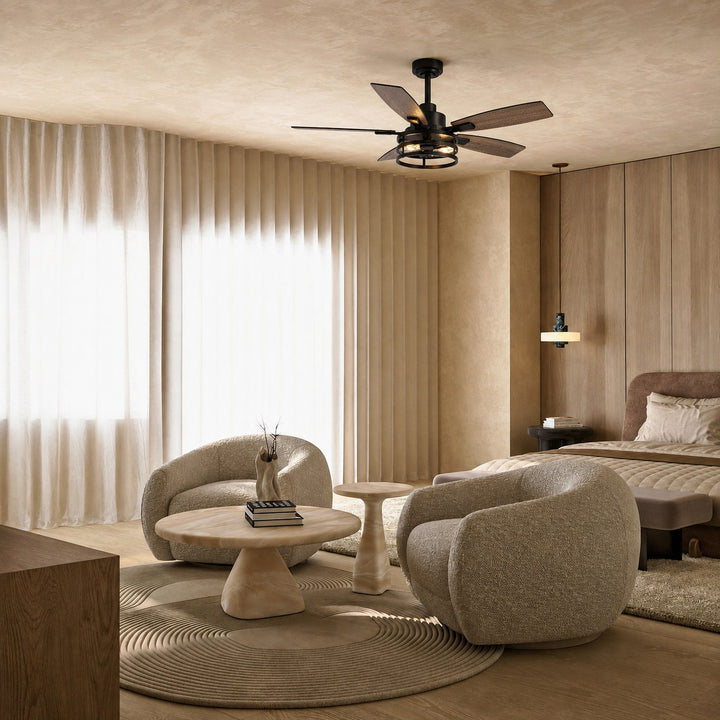 Modern Black Ceiling Fan with Remote Control Adjustable Height Wood Blades and LED Lights