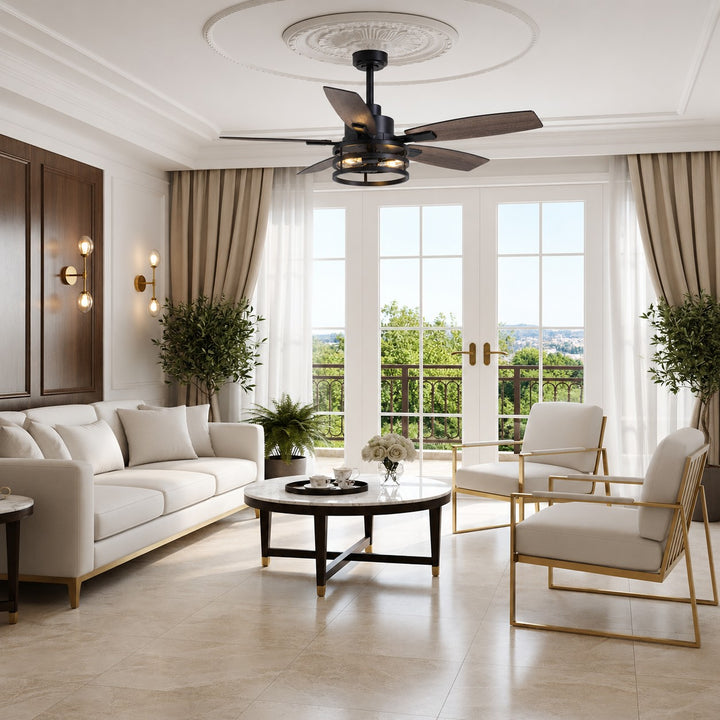 Modern Black Ceiling Fan with Remote Control Adjustable Height Wood Blades and LED Lights