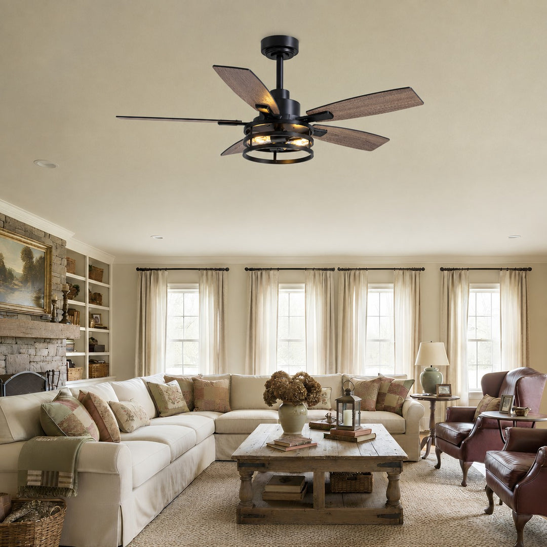 Modern Black Ceiling Fan with Remote Control Adjustable Height Wood Blades and LED Lights