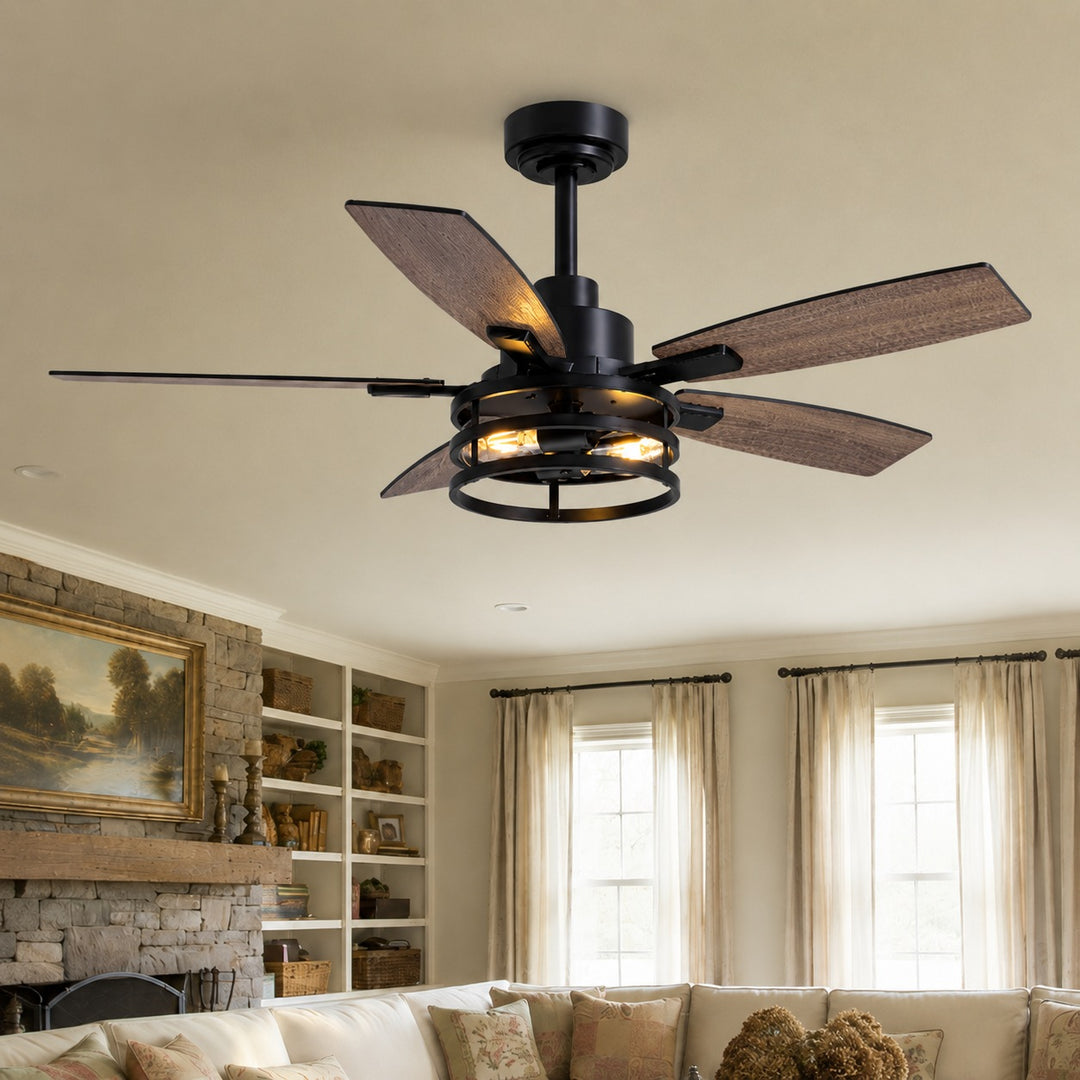 Modern Black Ceiling Fan with Remote Control Adjustable Height Wood Blades and LED Lights