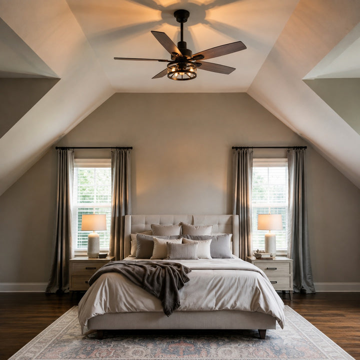 Modern Black Ceiling Fan with Remote Control Adjustable Height Wood Blades and LED Lights