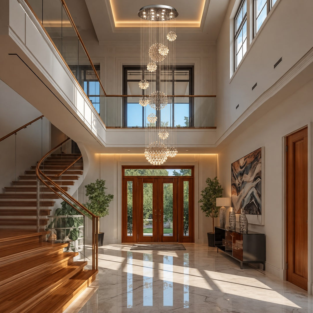 Modern Spiral Crystal Chandelier Adjustable Height Chrome Finish LED Luxury Light Fixture
