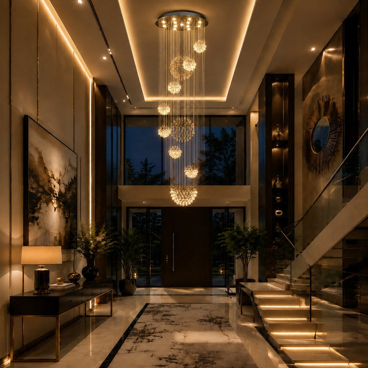 Modern Spiral Crystal Chandelier Adjustable Height Chrome Finish LED Luxury Light Fixture