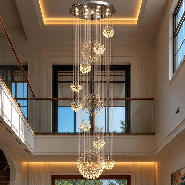 Modern Spiral Crystal Chandelier Adjustable Height Chrome Finish LED Luxury Light Fixture