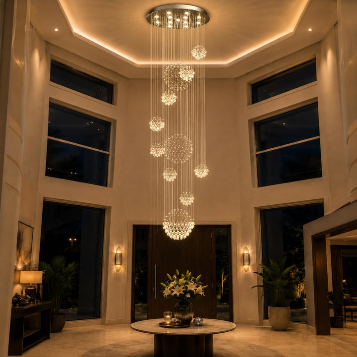 Modern Spiral Crystal Chandelier Adjustable Height Chrome Finish LED Luxury Light Fixture