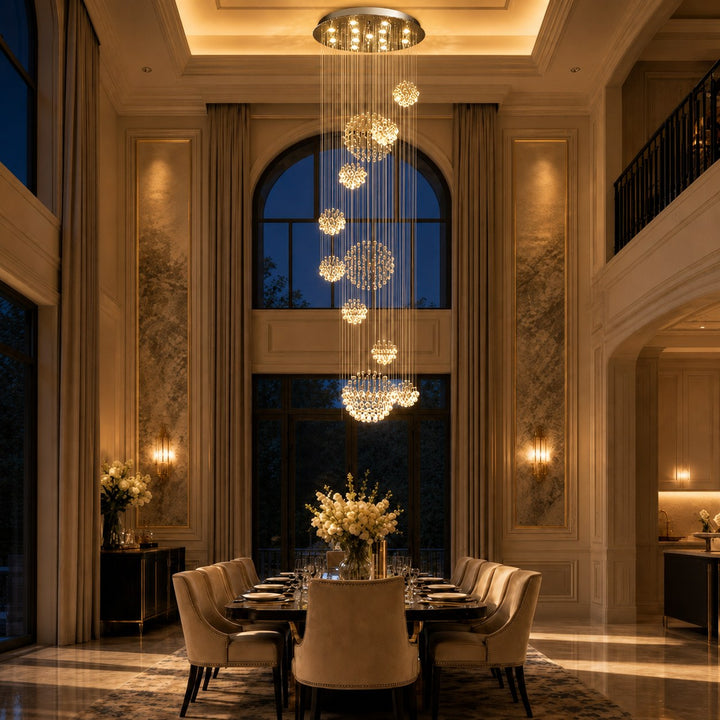 Modern Spiral Crystal Chandelier Adjustable Height Chrome Finish LED Luxury Light Fixture