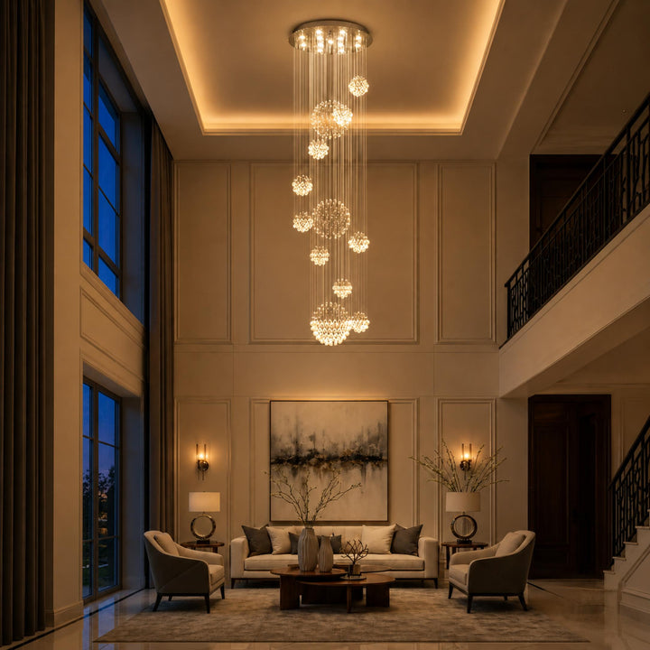 Modern Spiral Crystal Chandelier Adjustable Height Chrome Finish LED Luxury Light Fixture