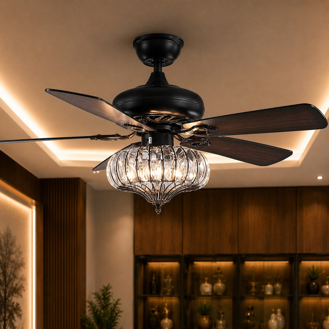 Modern Black Ceiling Fan with Lights Flush Mount Metal 5 Blades LED Compatible Remote Control