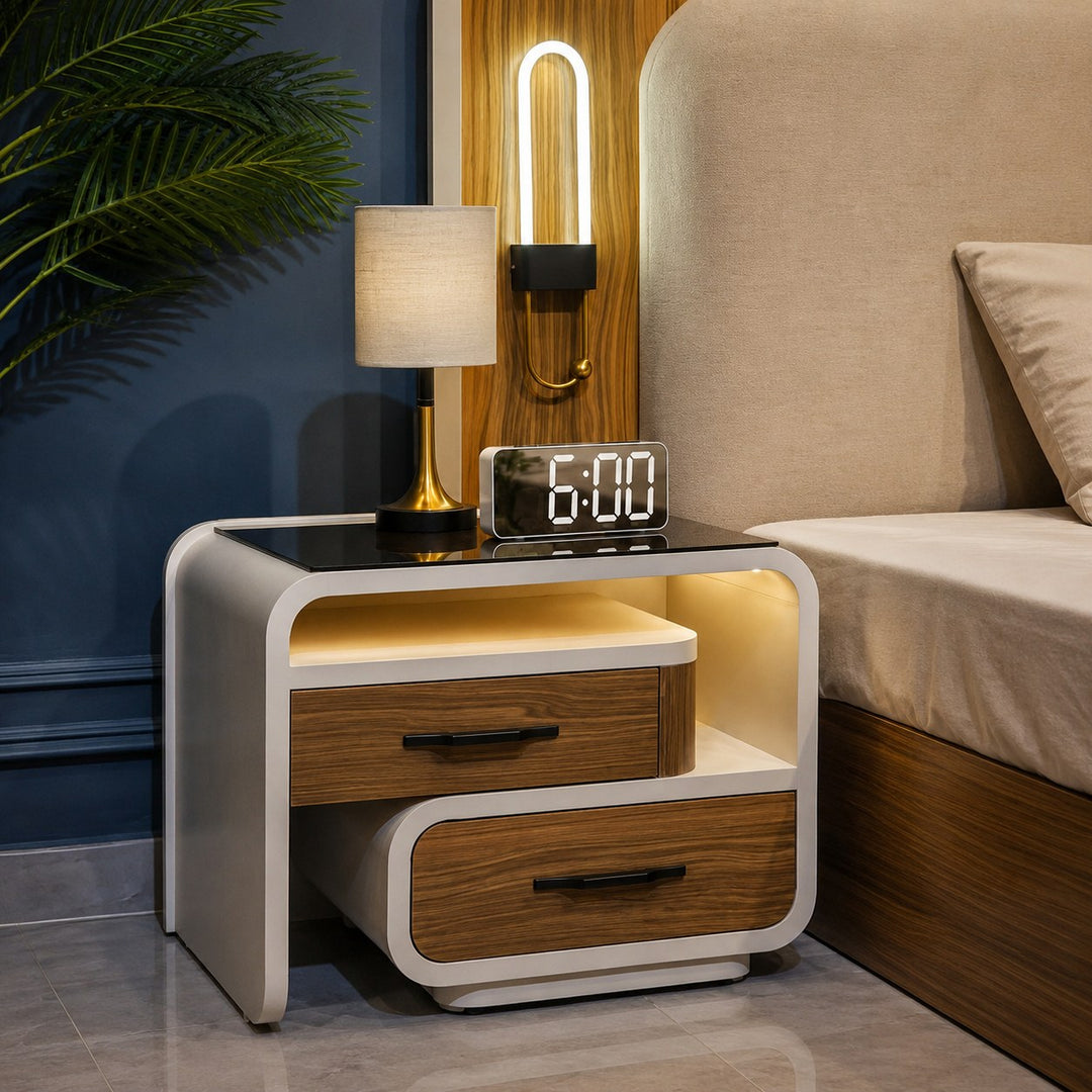 Modern Digital Alarm Clock with Curved Mirror Screen LED Display Adjustable Temperature Feature