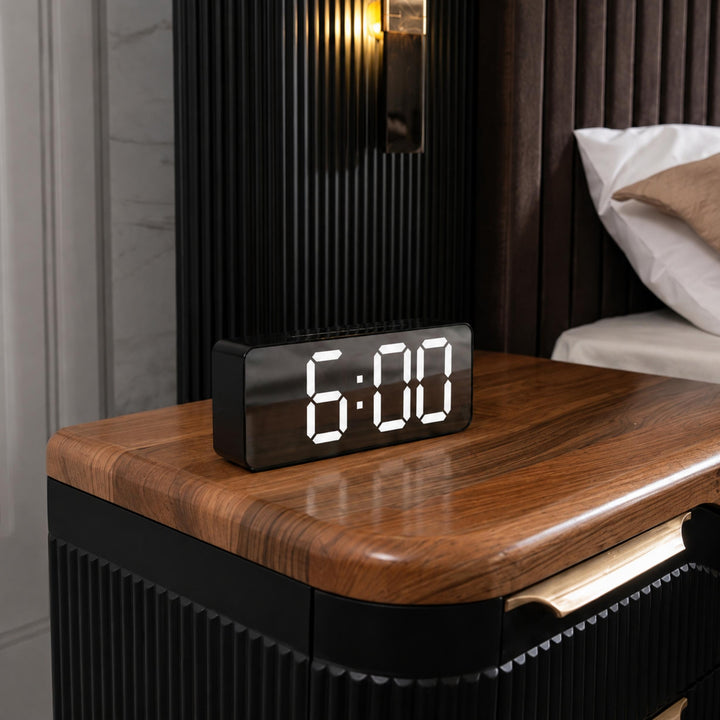 Modern Digital Alarm Clock with Curved Mirror Screen LED Display Adjustable Temperature Feature