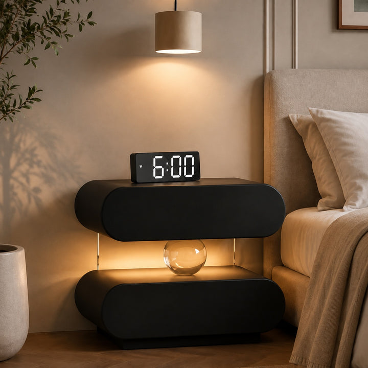 Modern Digital Alarm Clock with Curved Mirror Screen LED Display Adjustable Temperature Feature