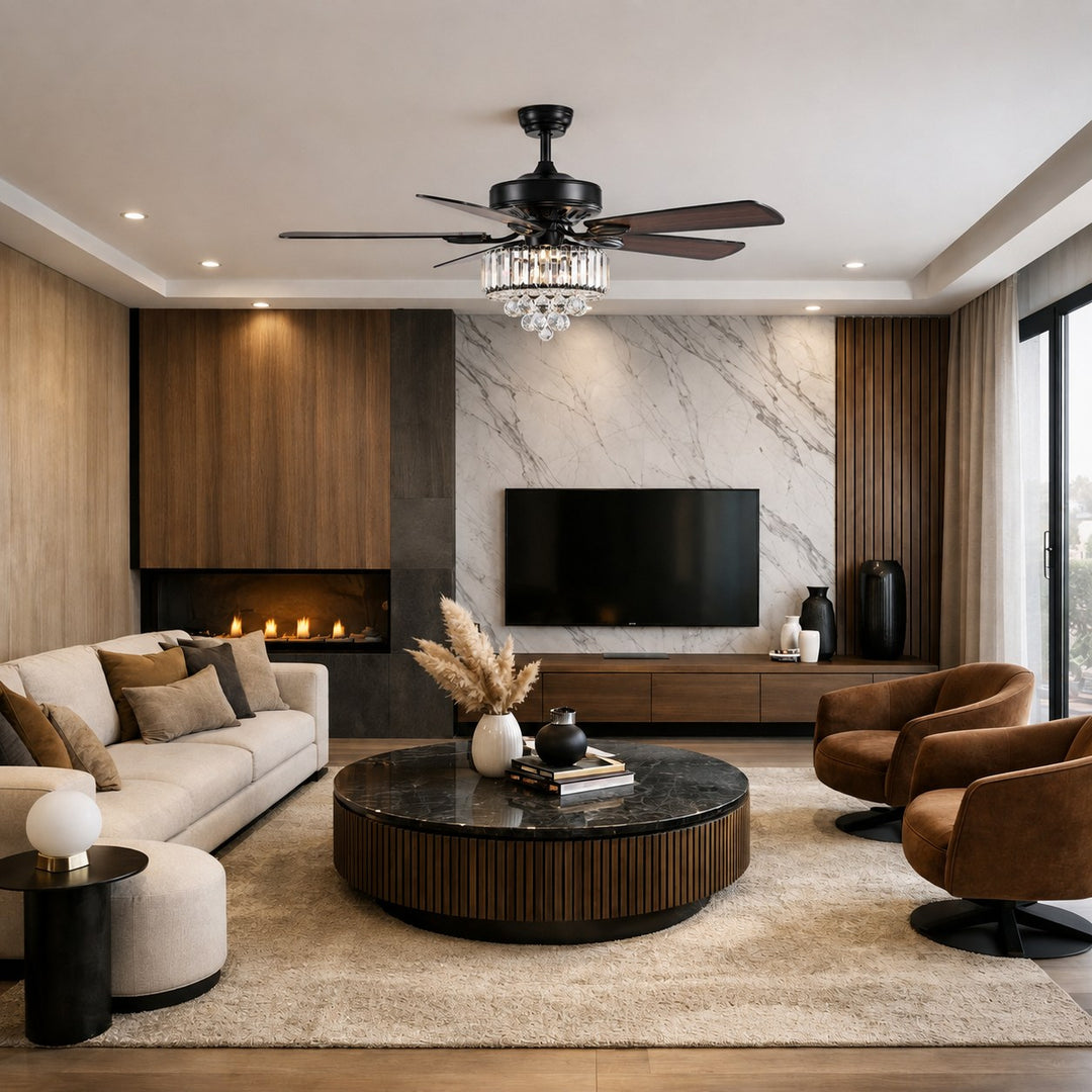 Black Modern Ceiling Fan with Lights Flush Mount Crystal Blades and 6 Speed Settings